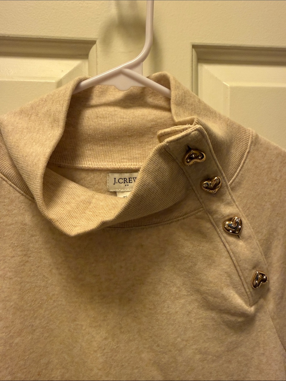 J. Crew Cream Funnel Neck Sweatshirt with Heart Buttons